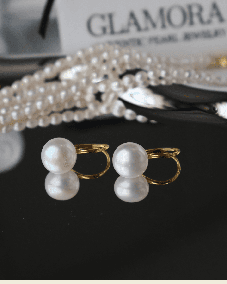 E03 ต่างหูไข่มุกแท้ ขนาด 9-10mm รุ่นClassic Hook ตัวเรือนเงินแท้ S925 ชุปทอง14k image 8