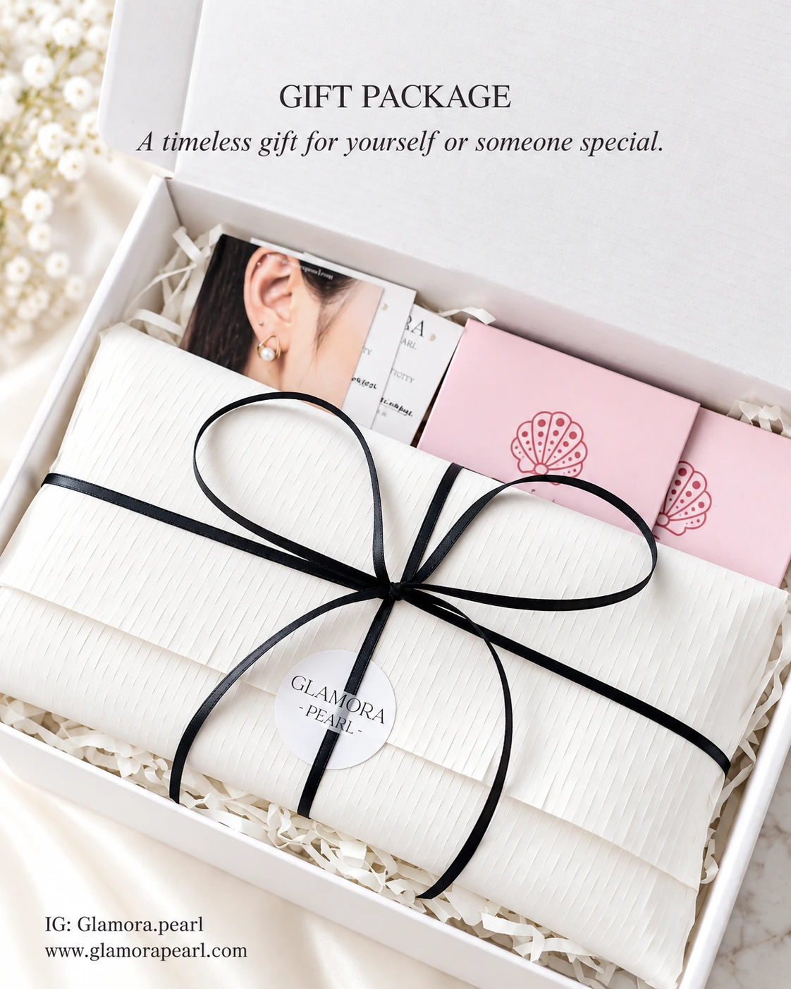 Glamora Pearl earrings and pearl packaging